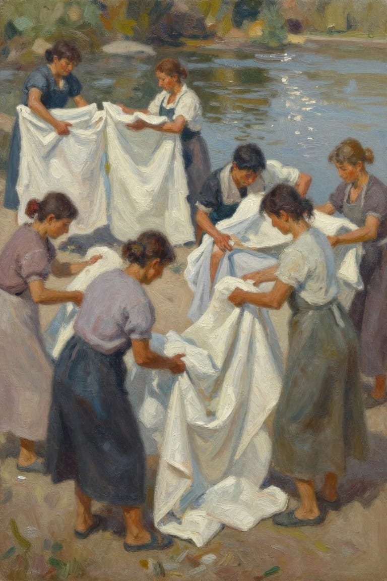 Oil painting of women in colorful dresses holding and washing large white sheets by a river with green banks and water reflections.