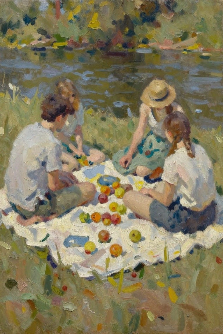 Impressionist oil painting of three young people sitting on a picnic blanket with fruits by a river amid green grass and trees.