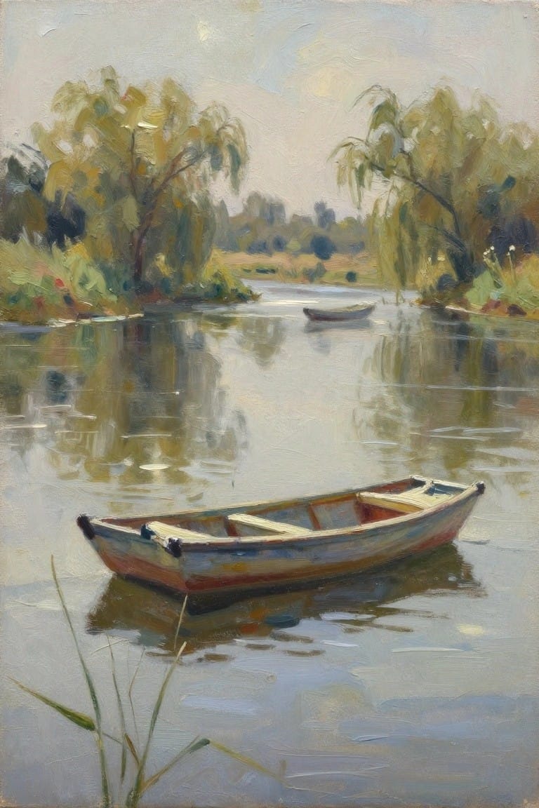 Oil painting of a red rowboat on calm reflective water with foreground reeds, weeping willows, and distant trees under a soft sky.