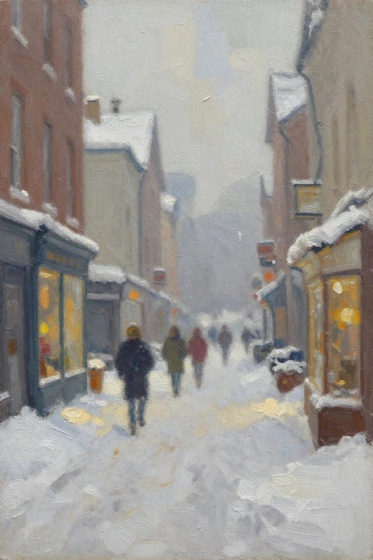 Oil painting of a narrow snowy street between brick and stone buildings with lit shop windows and distant walking figures.