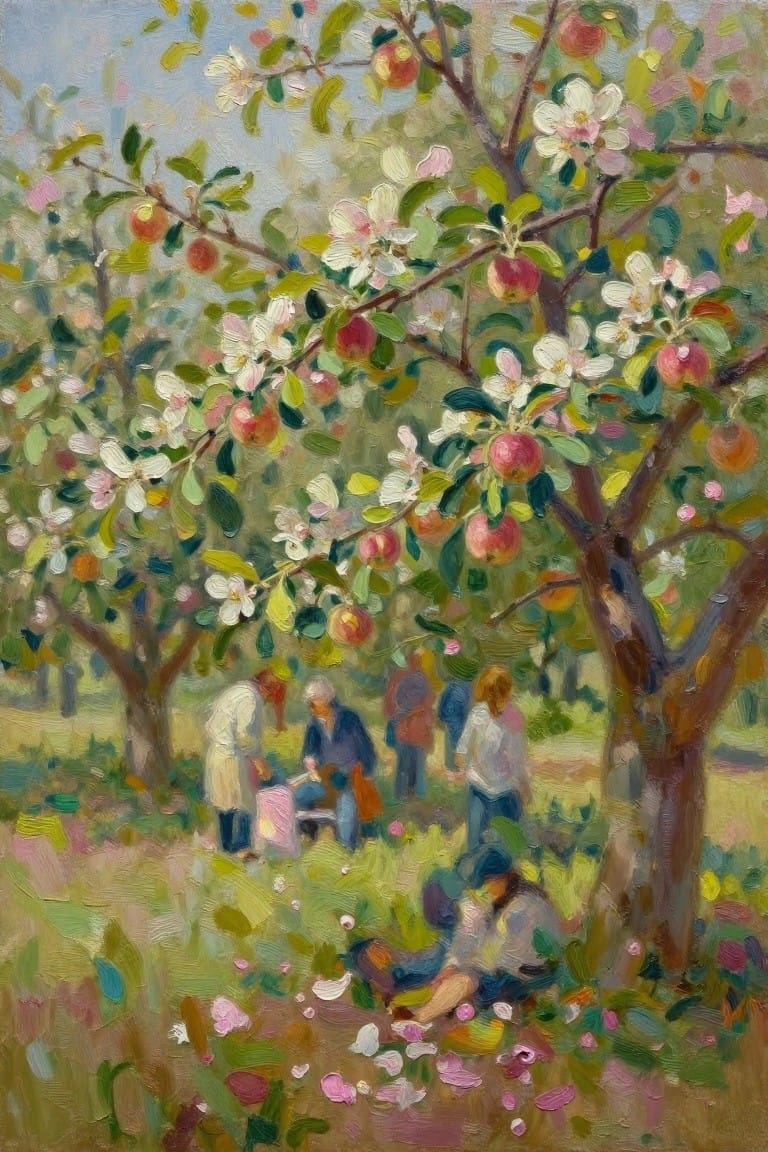 Impressionist oil painting of apple trees with pink blossoms, red apples, and figures harvesting in a green field under a blue sky.