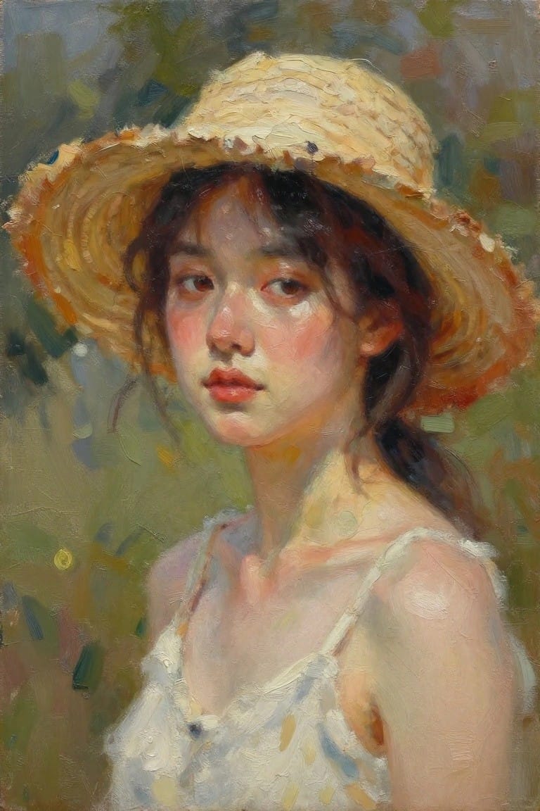 Oil painting close-up of a young woman with flushed cheeks and doe eyes wearing a straw hat and white dress straps against a green background.