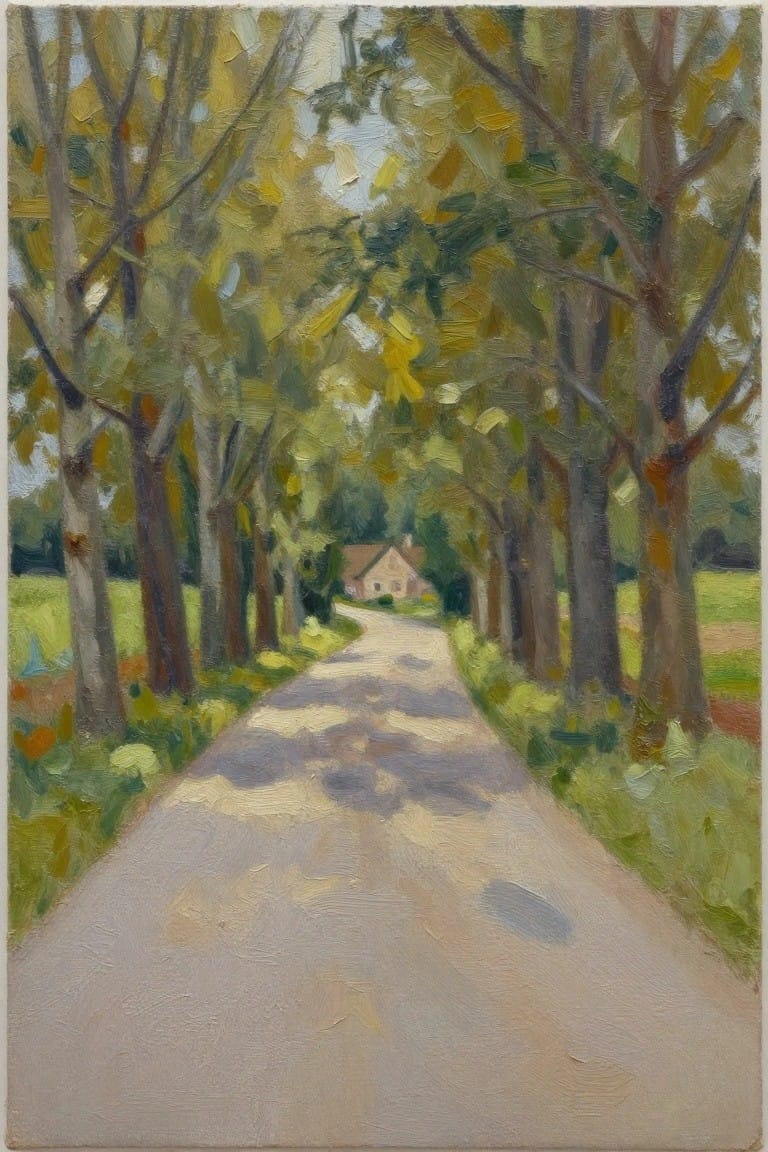 Oil painting of a sunlit dirt road lined with tall trees leading to a distant cottage amid green fields.