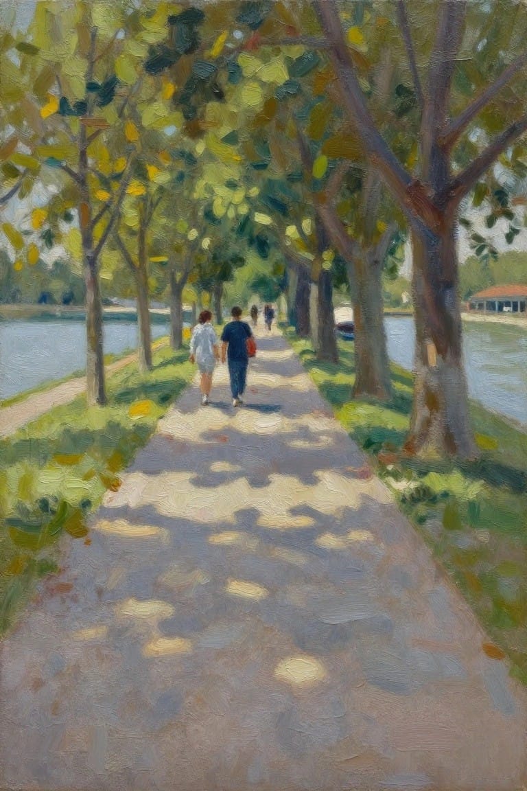 Oil painting of a shaded gravel path lined with trees beside a lake, featuring walking figures and dappled sunlight.