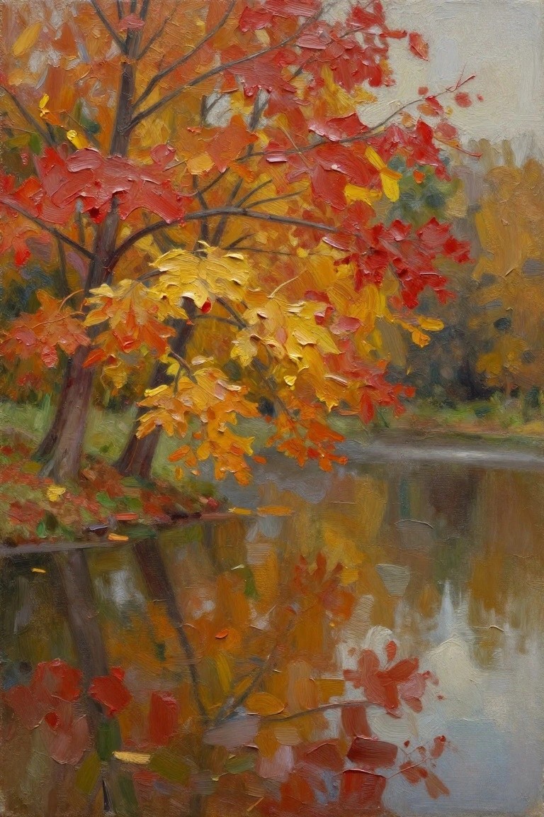 Oil painting of maple trees with red, orange, and yellow autumn leaves reflected in a calm pond.