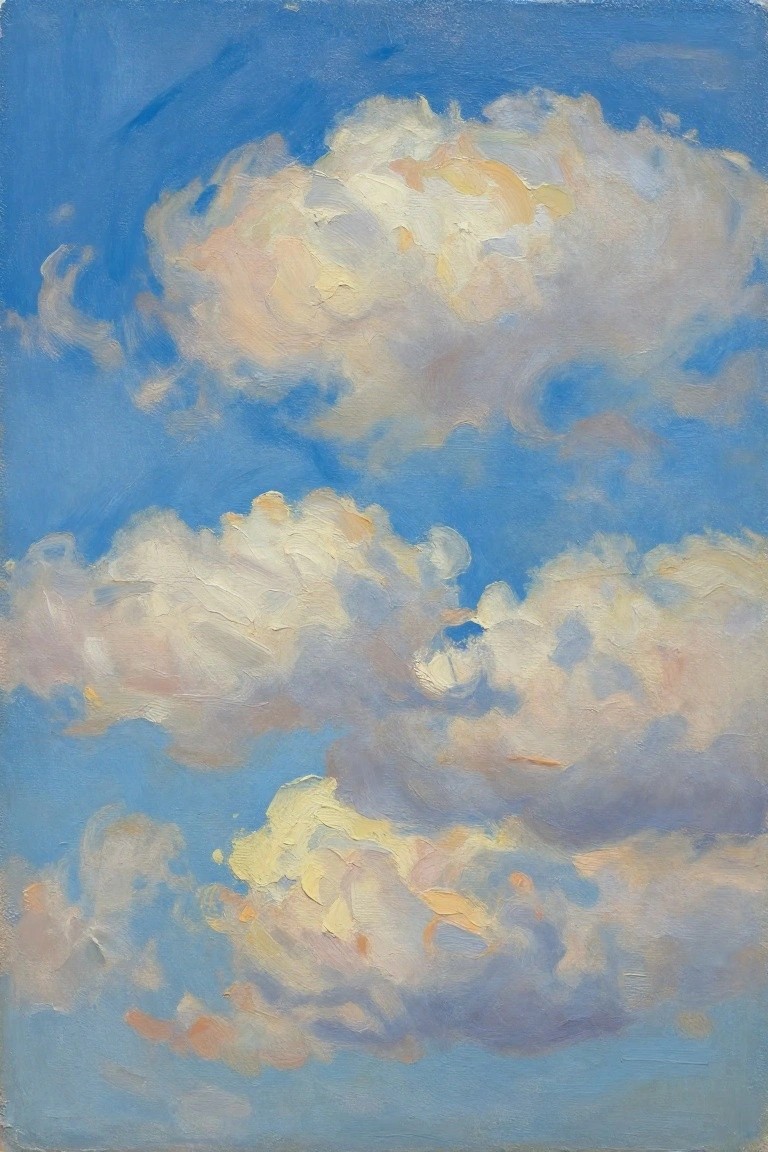 Oil painting of fluffy white and golden-tinged clouds scattered across a deep blue sky with textured brushstrokes.