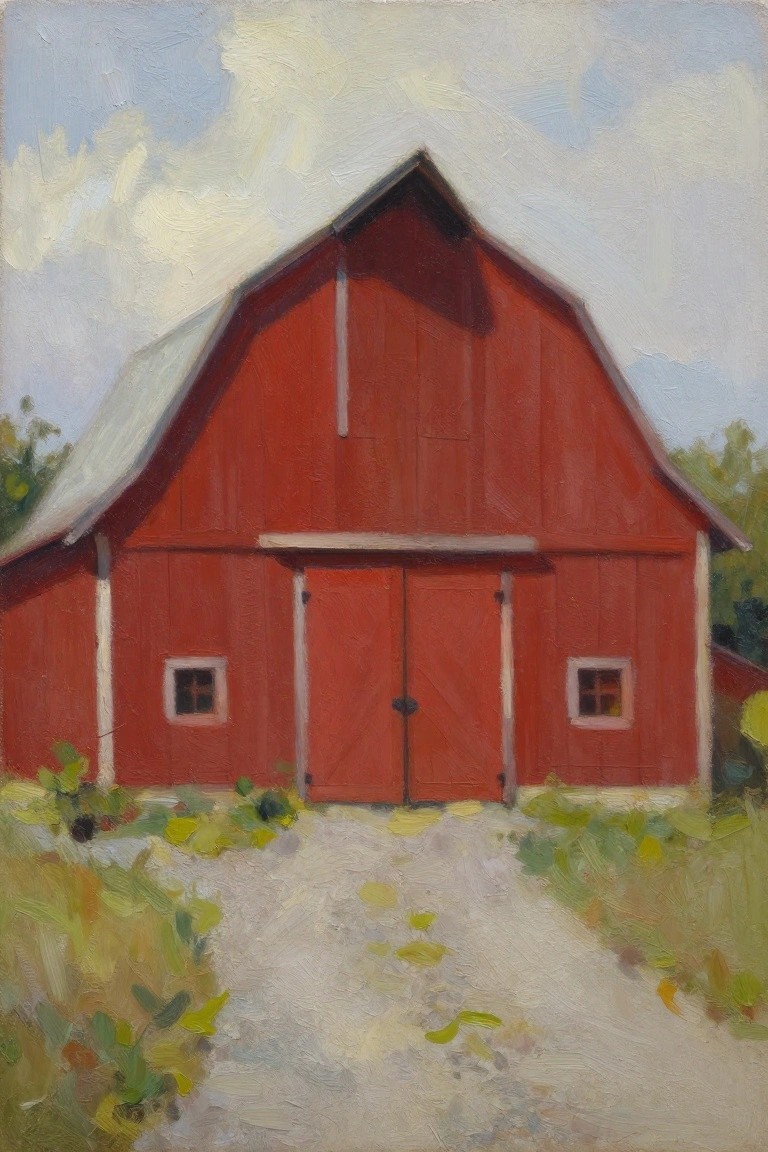 Oil painting of a tall red barn with tin roof, double doors, small windows, gravel path, weeds, green surroundings, and cloudy sky.