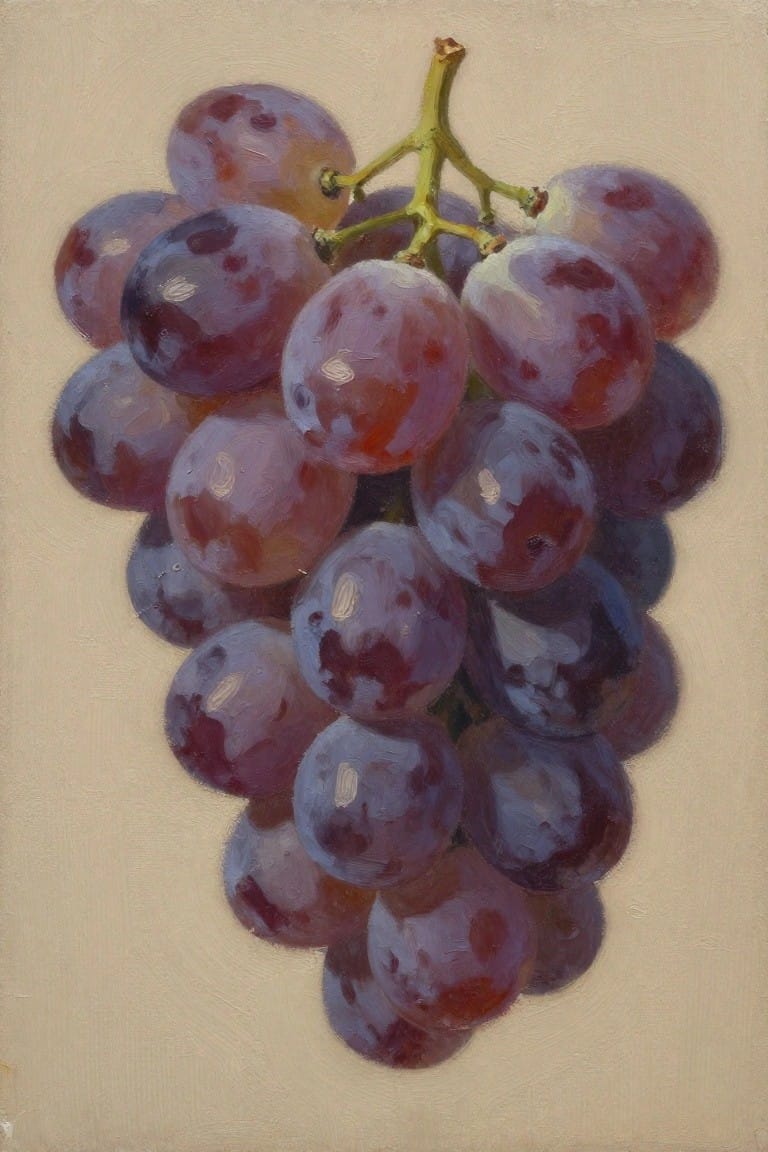 Realistic oil painting of a bunch of purple grapes clustered on a stem against a beige background.