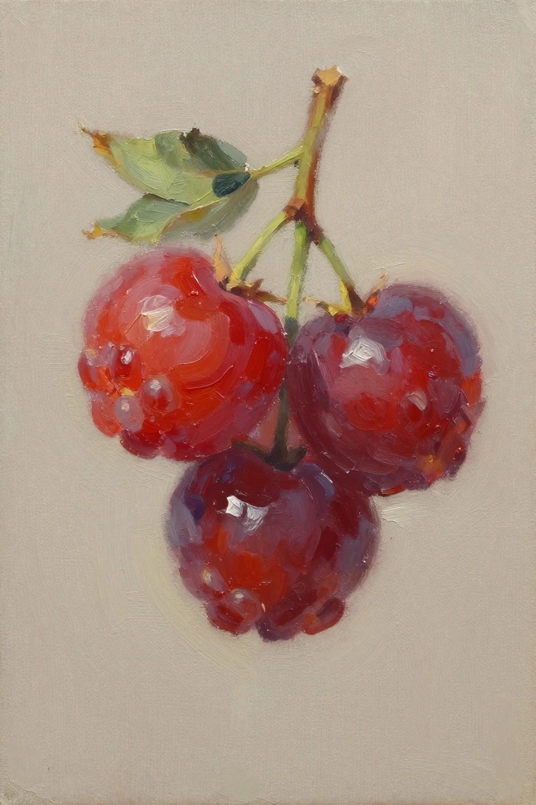 Oil painting of three red cherries clustered on a stem with green leaves against a beige background.