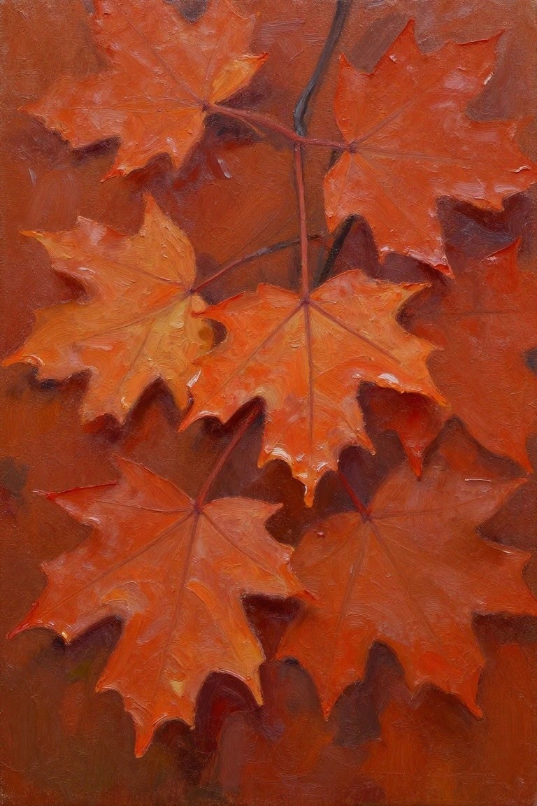 Oil painting of overlapping orange and red maple leaves clustered on thin stems against a dark reddish background.