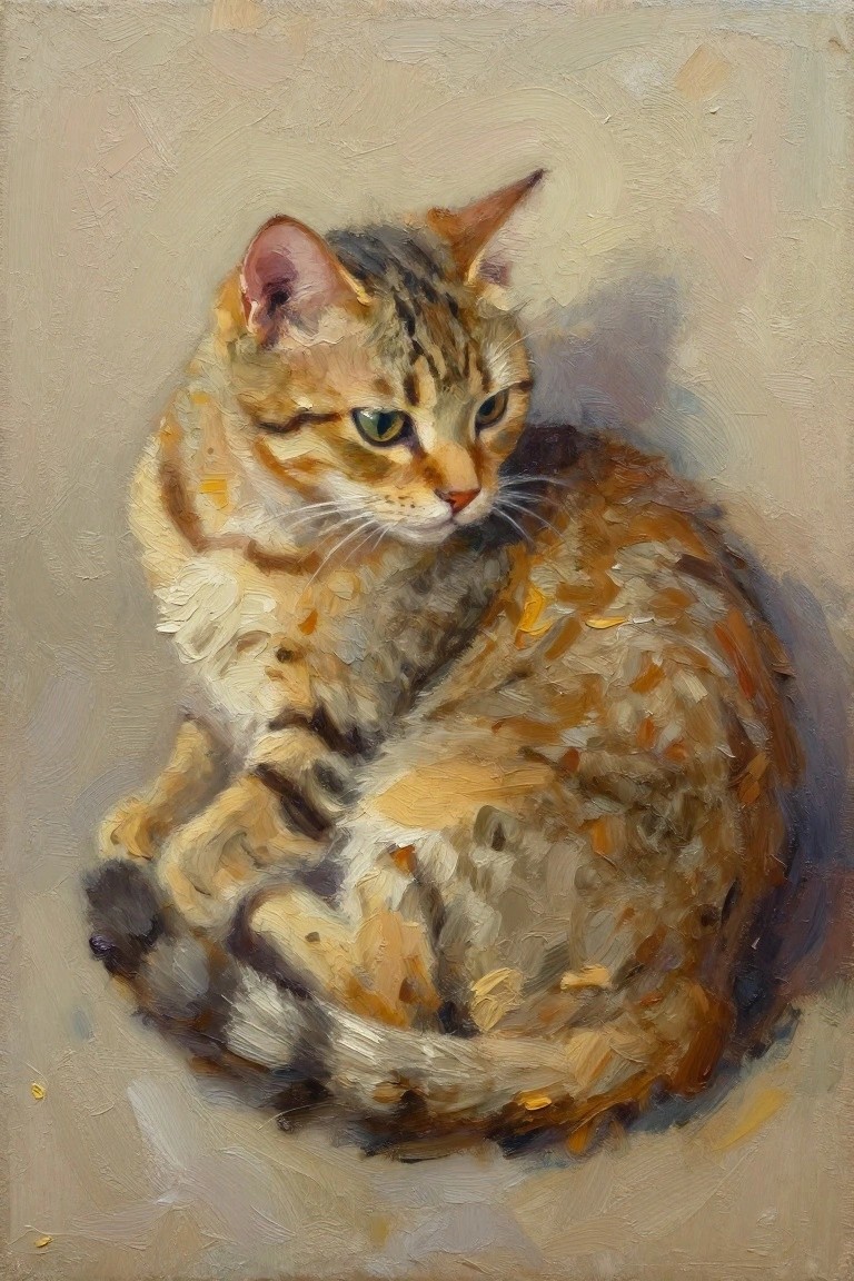 Oil painting of an orange tabby kitten sitting with paws tucked, green eyes gazing sideways, against a beige background.