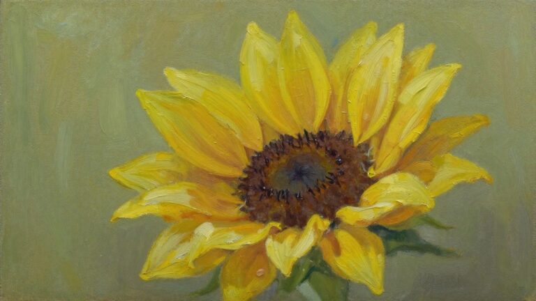 24 Beginner Oil Painting Ideas That Make Learning Feel Effortless Oil painting of two facing sunflowers with thick textured yellow petals, brown centers, green leaves, and muted green background.