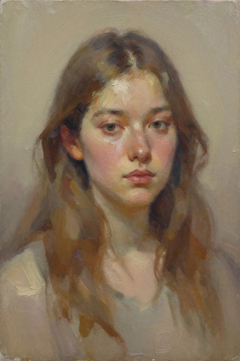 Oil painting portrait of a young woman with wavy auburn hair, fair freckled skin, green eyes, and neutral expression on beige background.