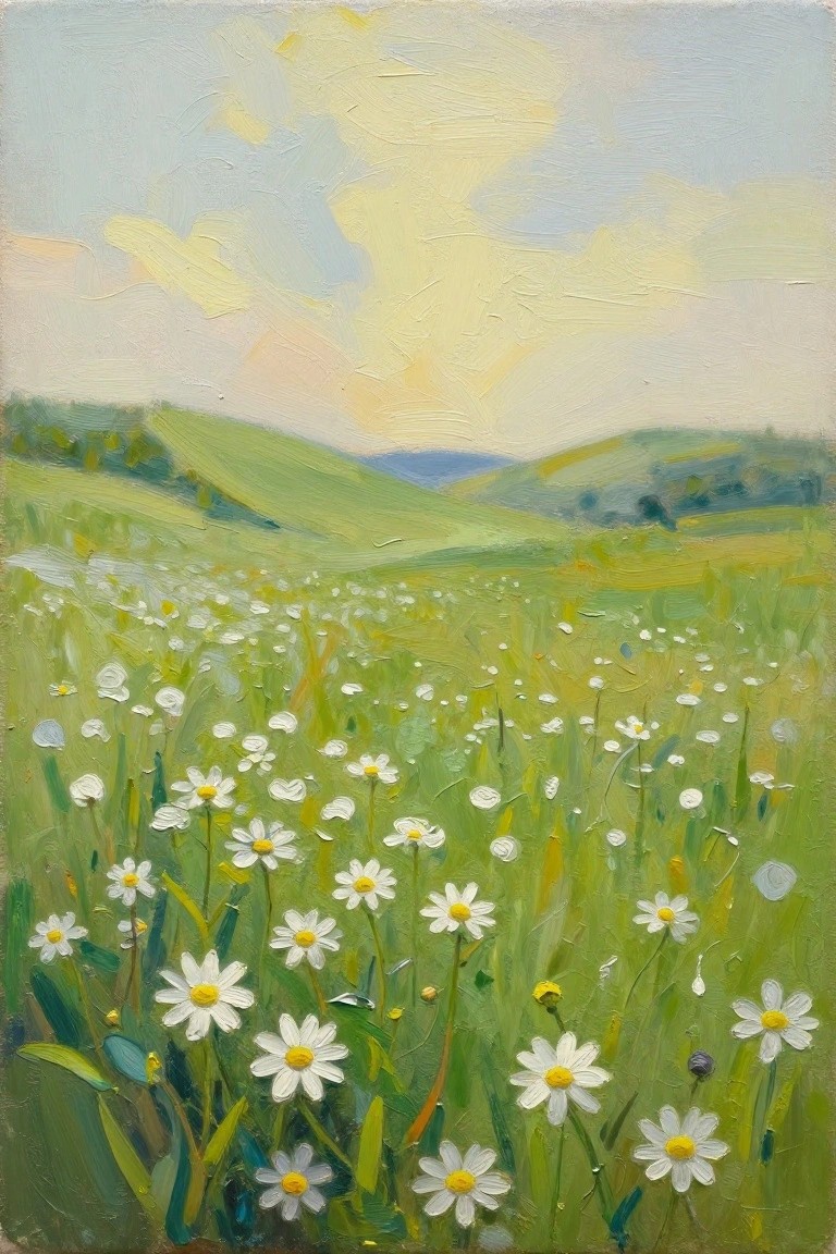 Oil painting of a green meadow full of white daisies leading to rolling hills under a pale yellow and blue sky.