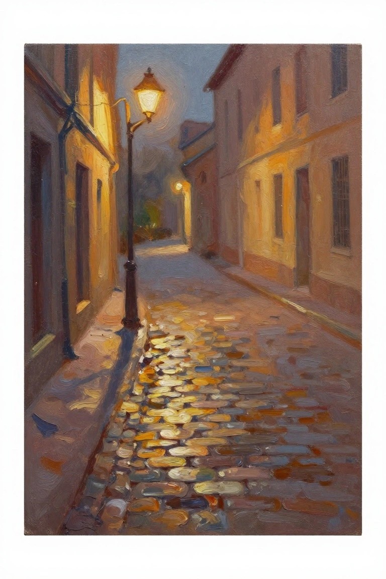 Oil painting of a narrow nighttime cobblestone alley lit by a glowing streetlamp with reflections on wet stones.