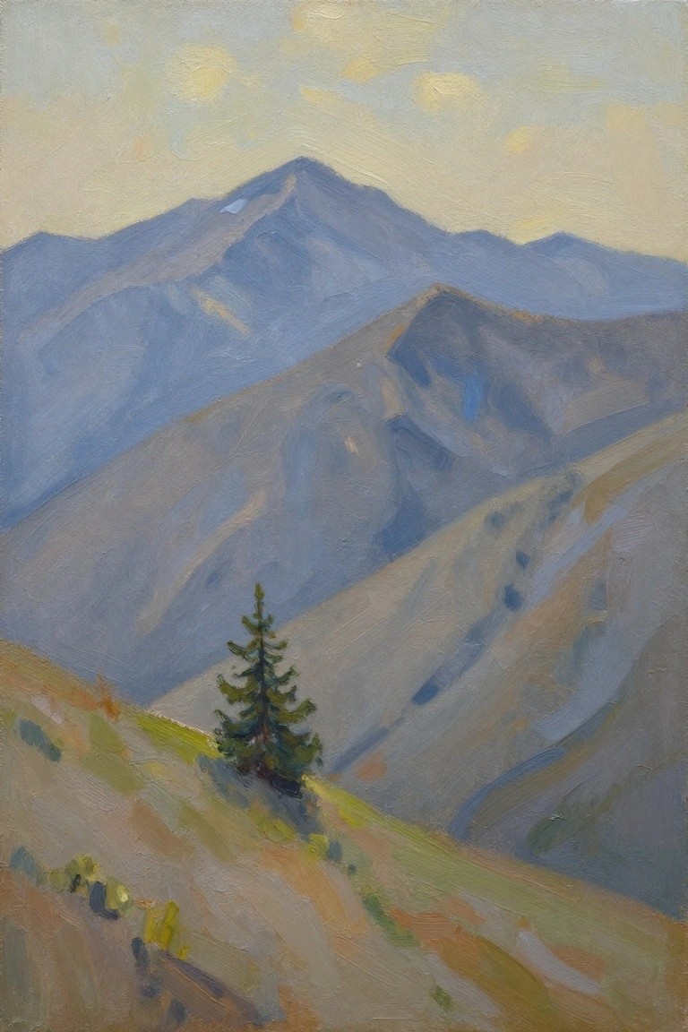Oil painting of a single green fir tree on a grassy slope in front of layered blue-gray mountains under a pale sky with clouds.