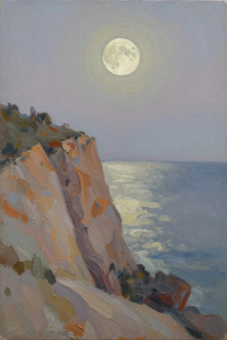 Oil painting of orange cliffs beside a moonlit sea under a full moon in a purple twilight sky.