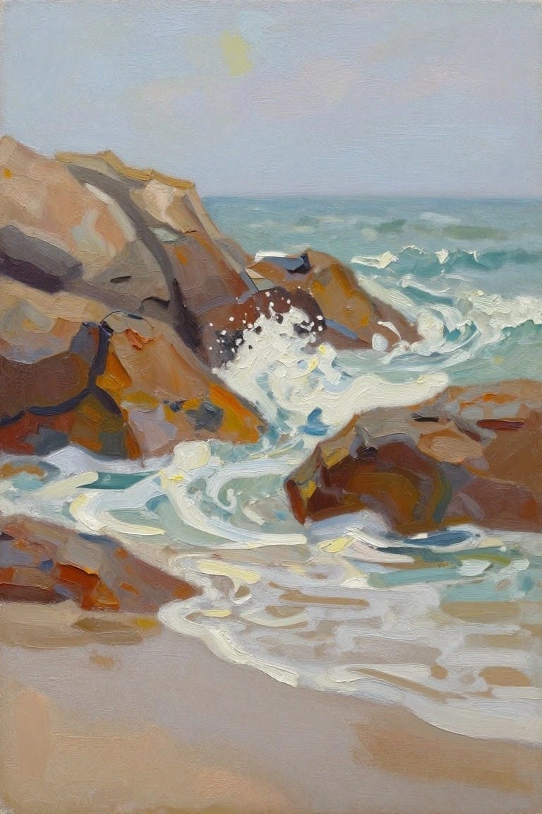 Oil painting depicting rocks on a beach with waves crashing against them, leading to the sea under a pale moon and cloudy sky.