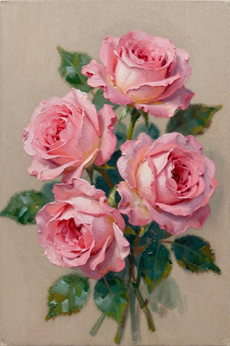 Oil painting of four clustered pink roses with green leaves and stems on a beige background.