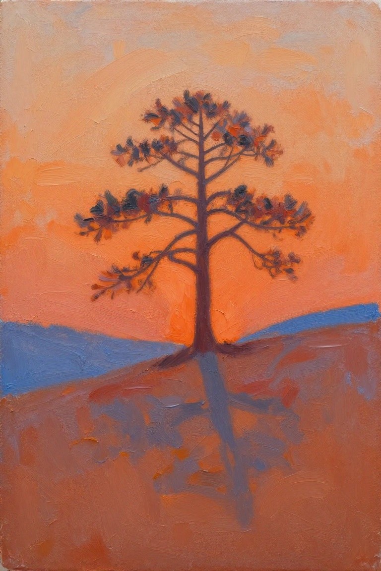 Oil painting of a dark silhouetted pine tree on orange ground against blended orange sunset sky with blue distant hills and long tree shadow.