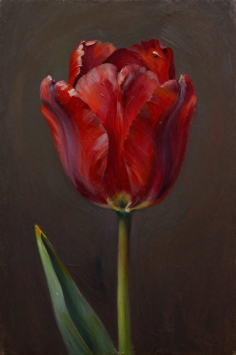 Oil painting of a single upright red tulip with detailed petals, green stem, and leaf against a dark brown background.
