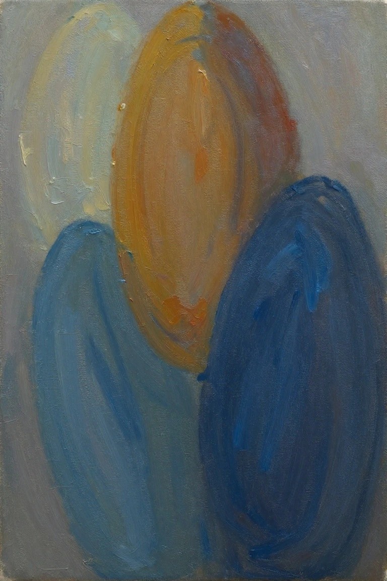 Abstract oil painting of three overlapping ovoid shapes in cream-yellow, orange-gold, and blue on a pale gray background.