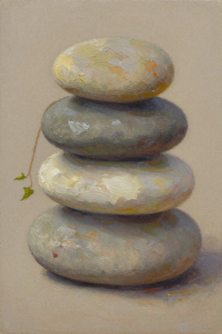 Oil painting of four balanced rounded stones in beige, gray, and off-white tones stacked vertically with a small green ivy leaf and stem on the third stone from a tan background.