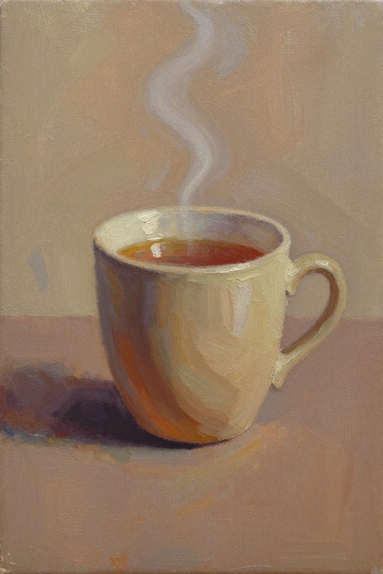 Oil painting of a white mug with amber tea and rising steam on a beige surface.