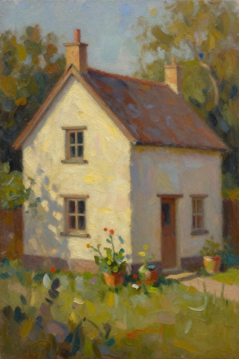 Oil painting of a small white cottage with red-tiled roof, flower pots by the red door, and surrounding green garden under soft sunlight.