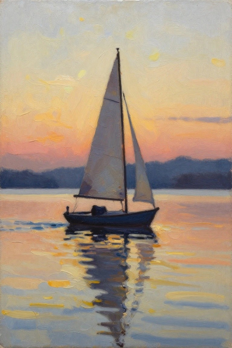 Oil painting of a dark sailboat with white sails on a calm lake at sunset, reflected in the water under a pink-to-orange sky.