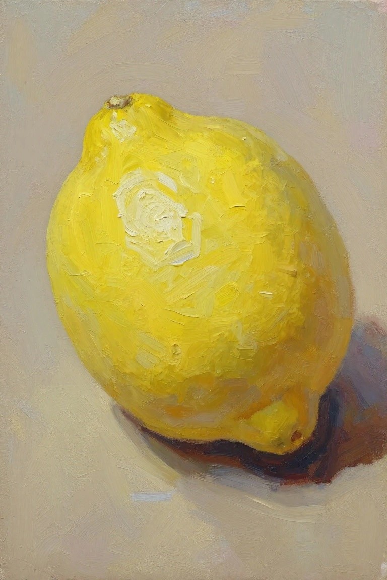 Oil painting of a single yellow lemon with textured peel on a beige background and cast shadow.