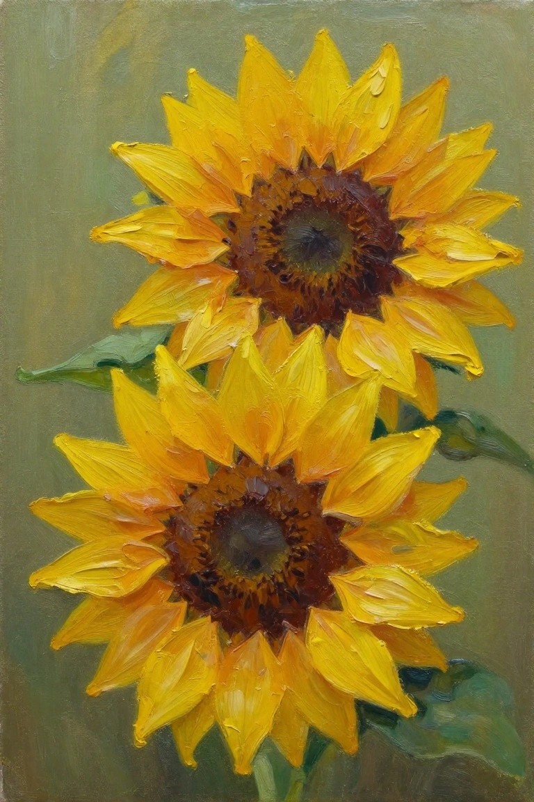Oil painting of two facing sunflowers with thick textured yellow petals, brown centers, green leaves, and muted green background.