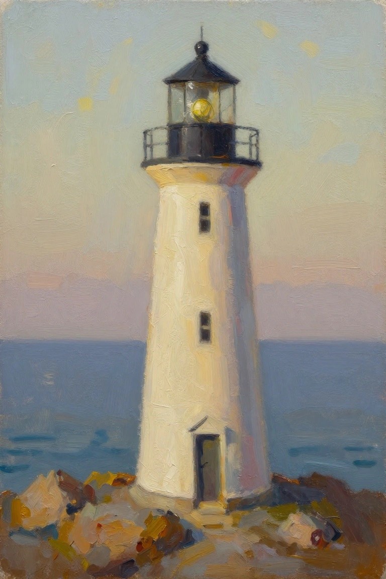 Oil painting of a white lighthouse on rocks by the sea under a twilight sky with a glowing yellow lantern.