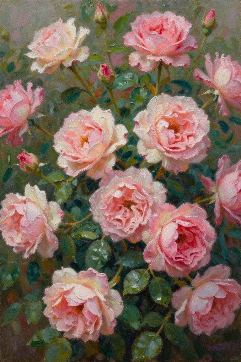 Oil painting of a dense cluster of blush pink roses in various bloom stages with green leaves and buds against a soft green-gray background.