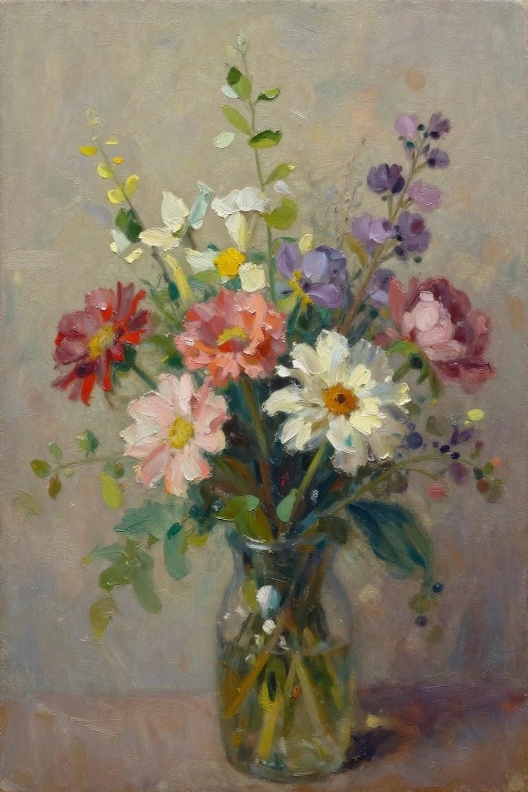 Oil painting of mixed flowers including red and pink dahlias, white daisies, purple spikes, and greenery in a glass jar against a beige background.