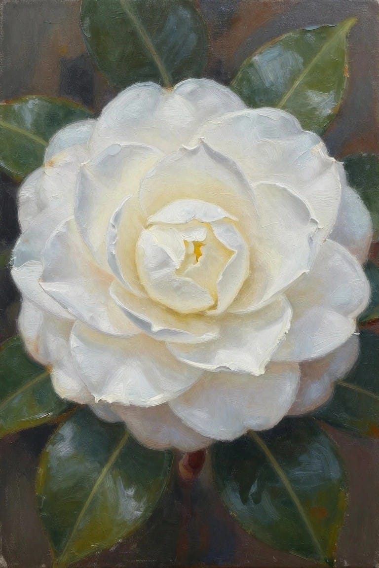 Oil painting of a white gardenia flower with glossy green leaves on a dark background.