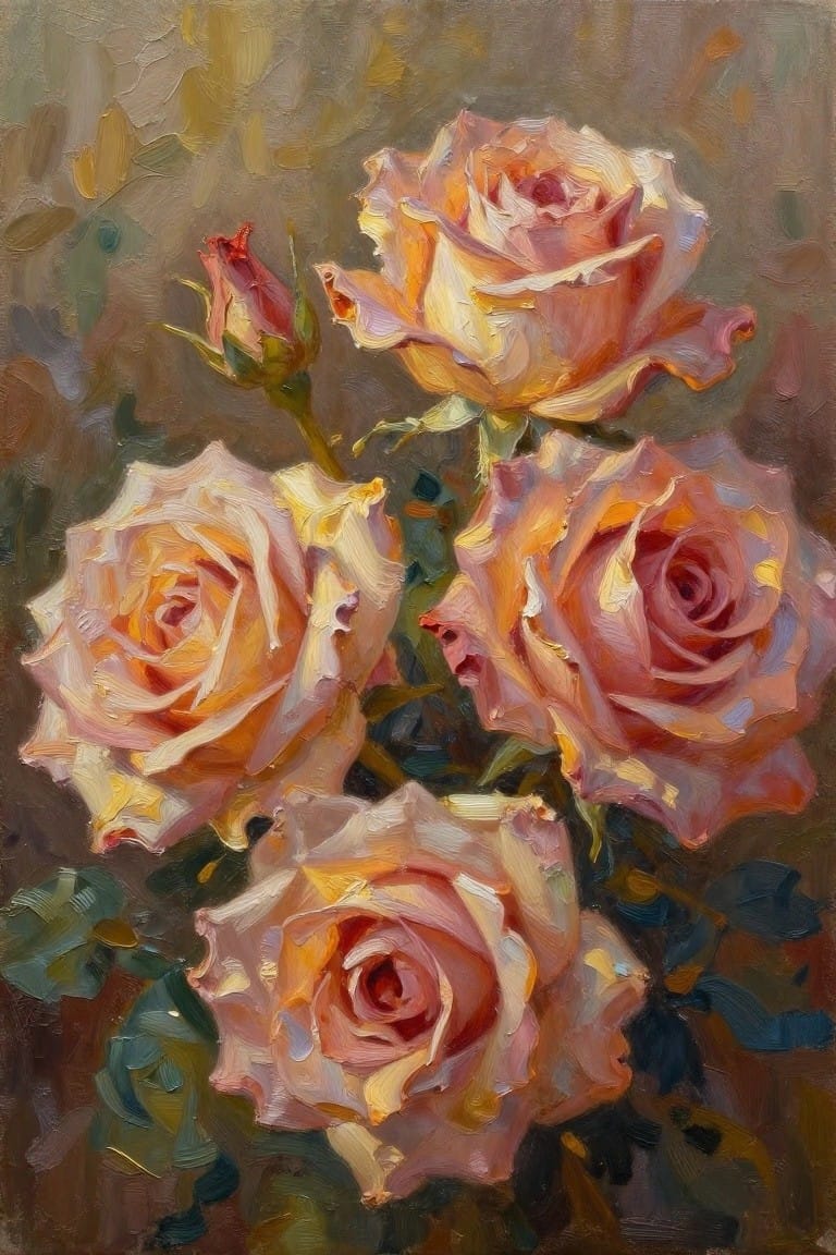 Oil painting of five peach and orange roses at various bloom stages with green leaves and stems on a textured neutral background.