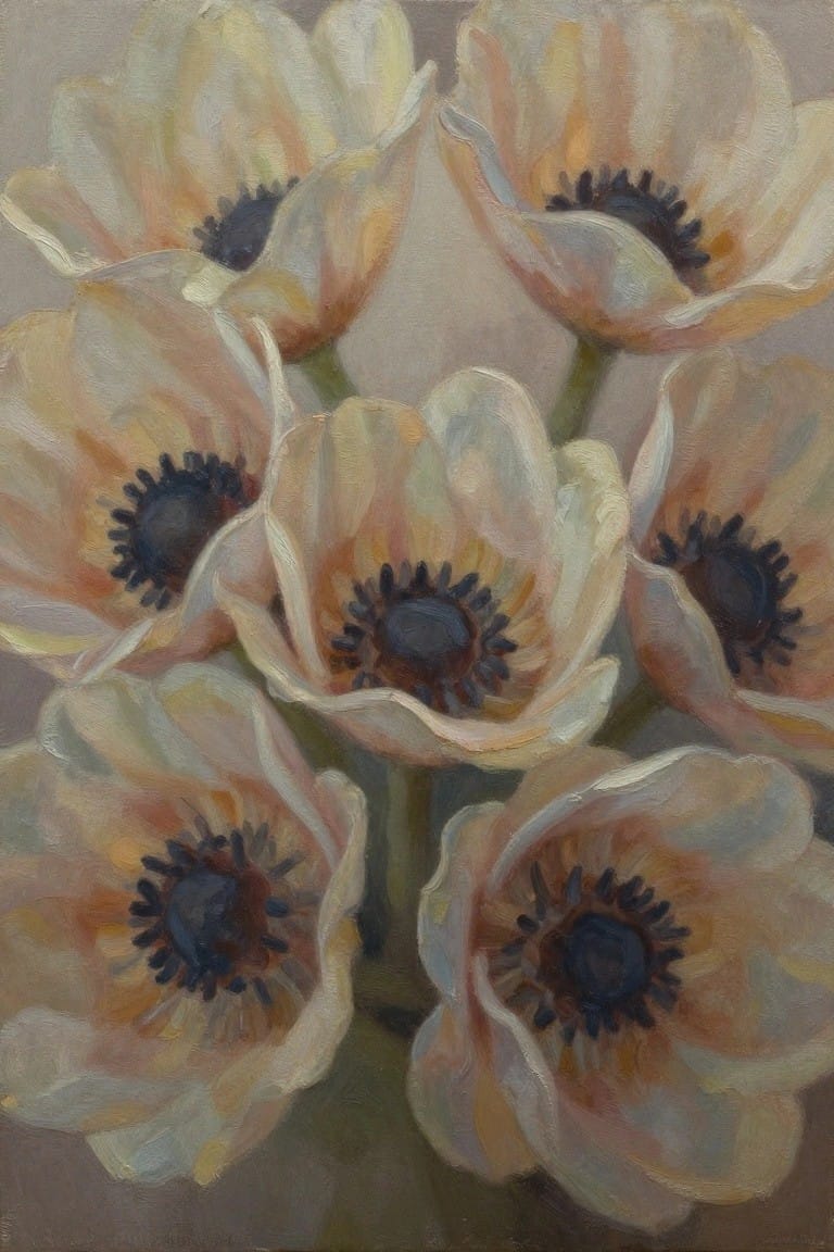 Oil painting of a tight cluster of pale peach and cream anemones with dark centers against a neutral background.