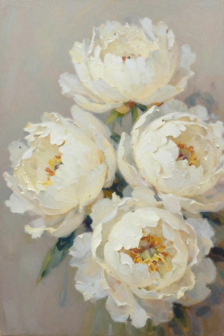 Oil painting of four white peonies clustered together with green leaves and stems on a soft gray-beige background.