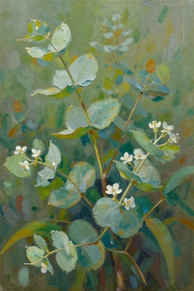 Oil painting of eucalyptus stems with rounded green leaves and small white flower clusters against a blurred green background.