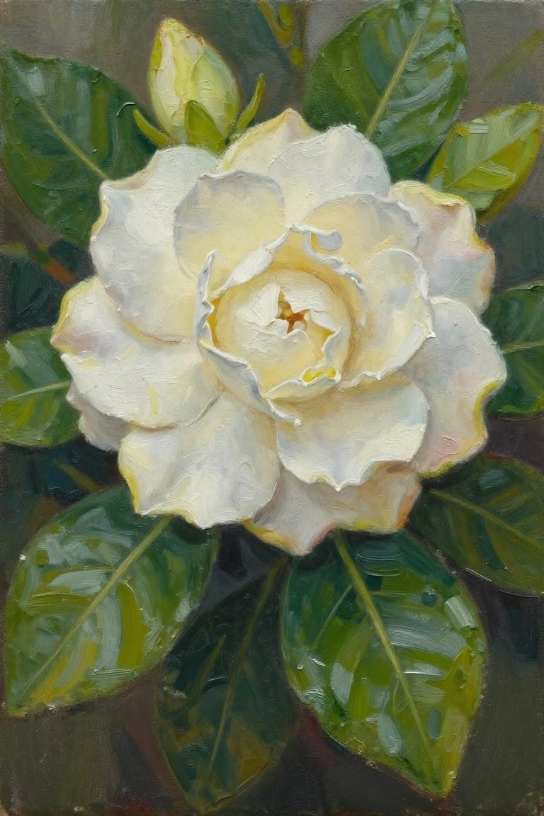 Oil painting of a white gardenia flower, bud, and green leaves against a dark background.