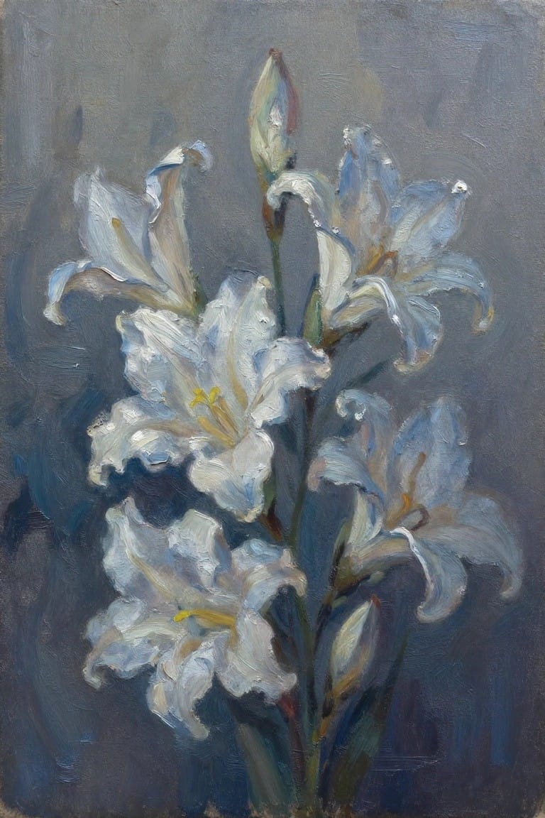 Oil painting of several white lilies with blue-tinged petals and yellow centers on slender stems against a gray background.