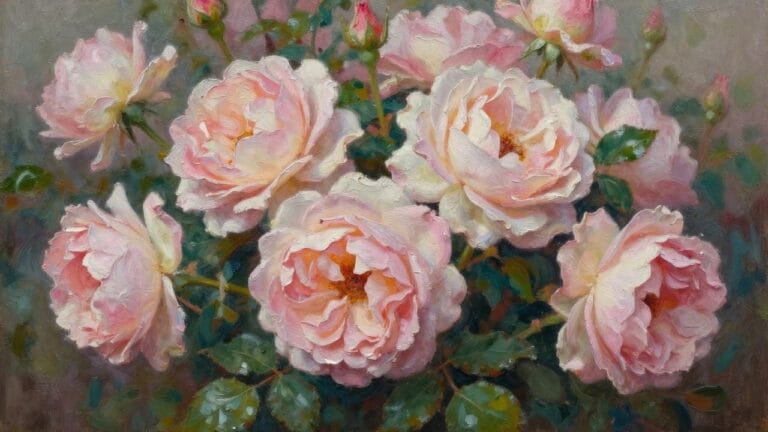 24 Elegant Floral Oil Painting Ideas for Beautiful Wall Art Inspiration Oil painting of a dense cluster of blush pink roses in various bloom stages with green leaves and buds against a soft green-gray background.