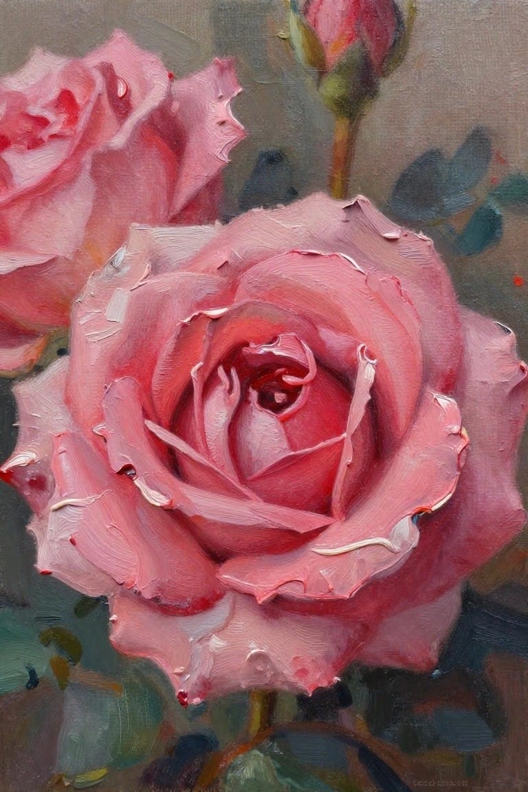 Oil painting of a cluster of pink roses including a large bloom, smaller flower, and bud with green leaves on a grayish background.