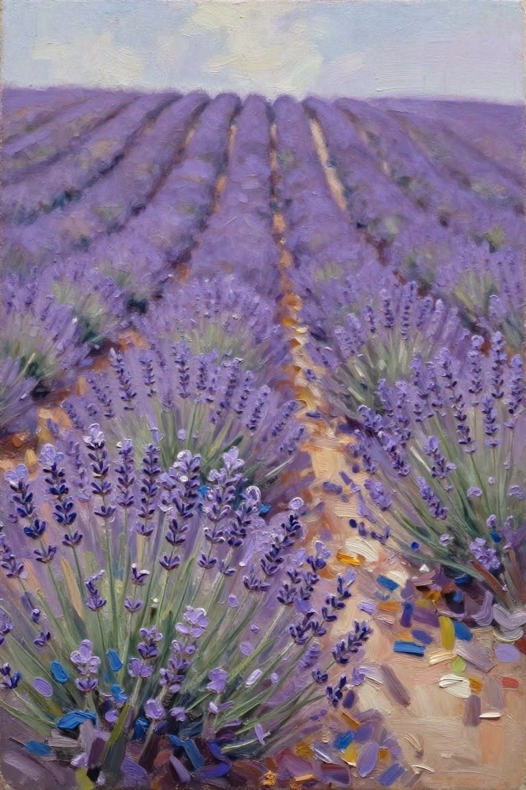 Oil painting of purple lavender rows in a field leading along a central textured path toward a distant horizon under a soft sky.