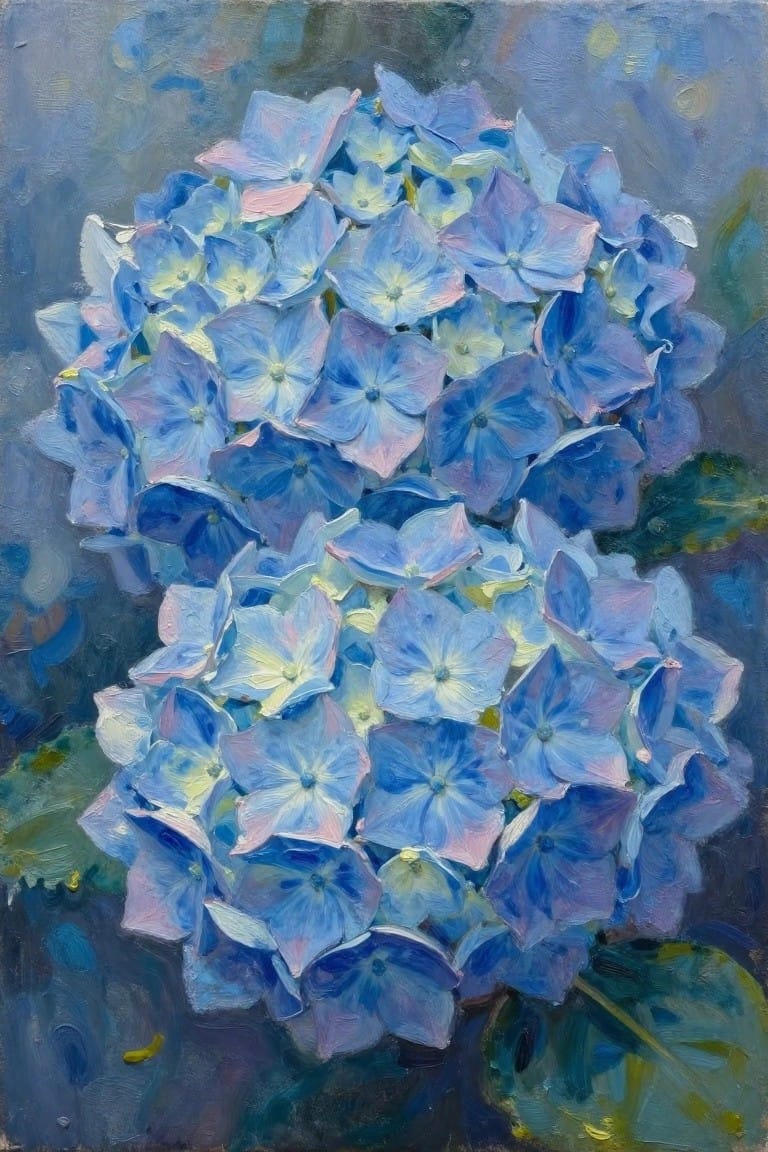 Oil painting of two overlapping blue hydrangea clusters with textured petals and soft color blends on a dark background.