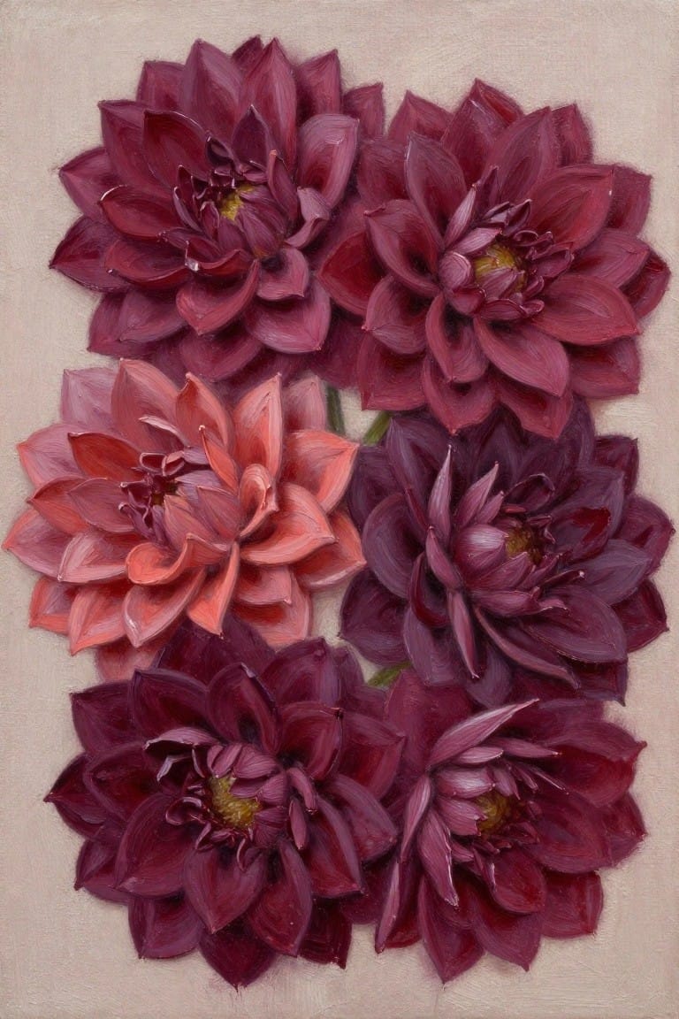 Oil painting of clustered dahlias in burgundy, maroon, and pinkish tones on a beige background with visible brush texture.