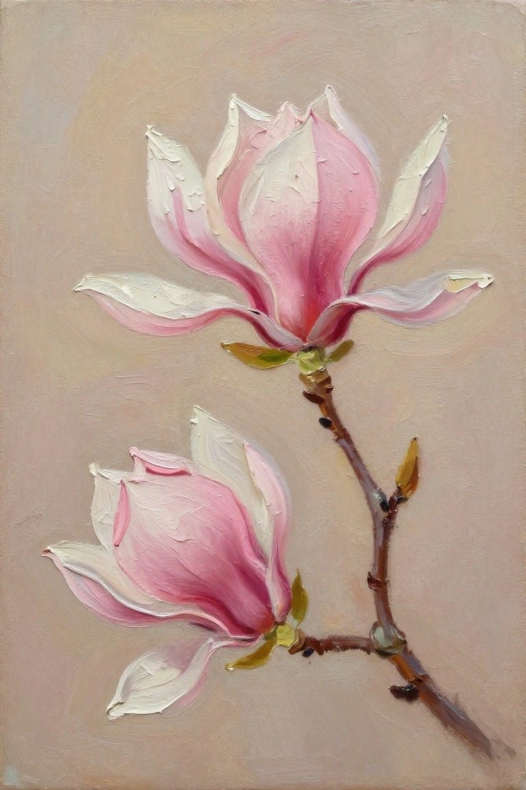 Oil painting of two pink and white magnolia flowers on a thin brown branch against a beige background.