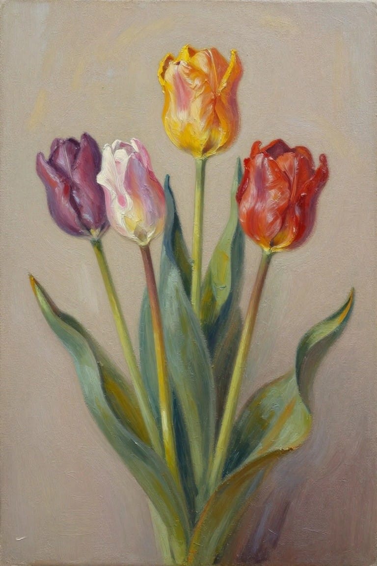 Oil painting of a bunch of five tulips in purple, pink, yellow, orange, and red with green leaves on a beige background.