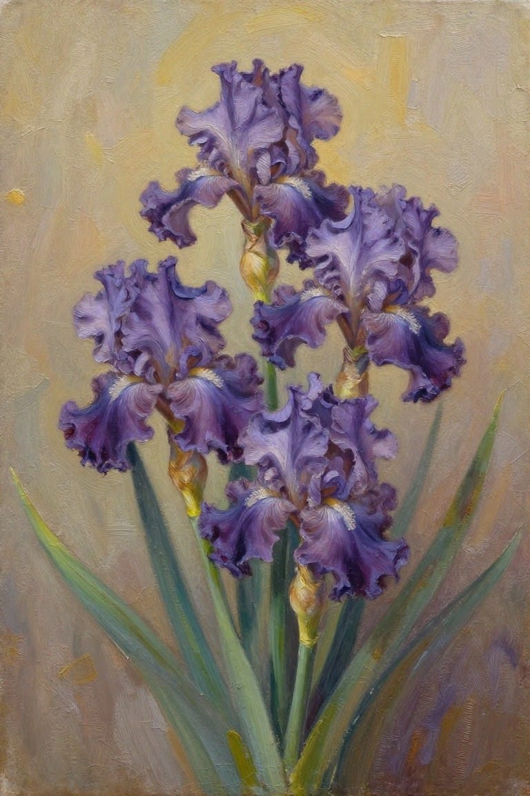 Oil painting of a cluster of blooming purple irises with green stems and leaves against a warm beige background.